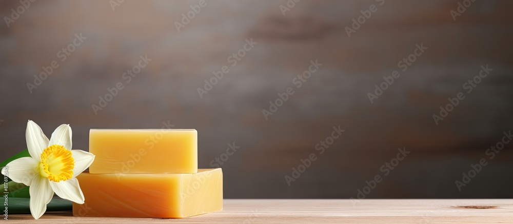 Poster A copy space image featuring natural handmade soap and a daffodil resting on a wooden table against a neutral backdrop
