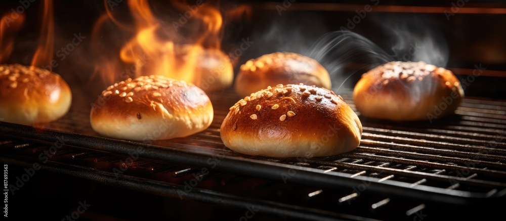 Poster a copy space image showcasing homemade baking with freshly baked buns on a baking sheet in the oven