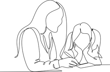 Continuous one line drawing of loving young mother and daughter drawing painting in album or learn to write in notebooks or in writing.Vector
