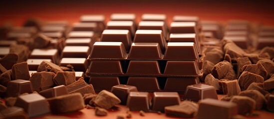 Soft tone copy space image of chocolate bar and cubes against a brown background