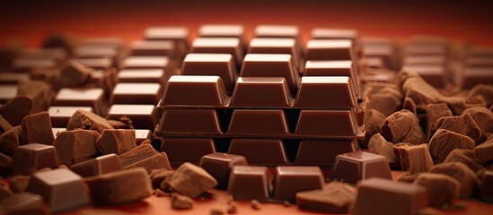 Fototapeta premium Soft tone copy space image of chocolate bar and cubes against a brown background