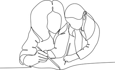 Continuous one line drawing of loving young mother and daughter drawing painting in album or learn to write in notebooks or in writing.Vector
