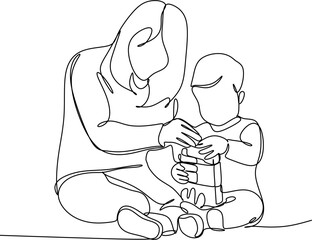 Continuous drawing of lines. Happy baby boy playing with his mom.