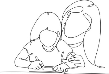 Continuous one line drawing of loving young mother and daughter drawing painting in album or learn to write in notebooks or in writing.Vector
