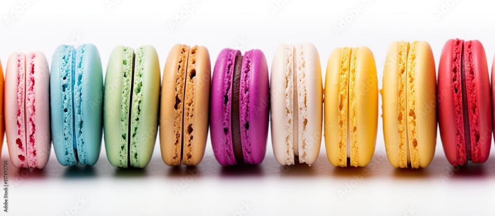 Poster colorful macarons arranged on a white background providing a sweet copy space image