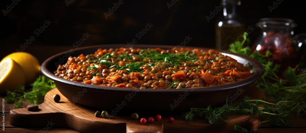 Poster an appetizing lentil dish elegantly arranged on a wooden table ready for a copy space image
