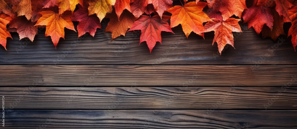 Aufkleber a rustic wooden background adorned with vibrant leaves offering a generous expanse of copy space for