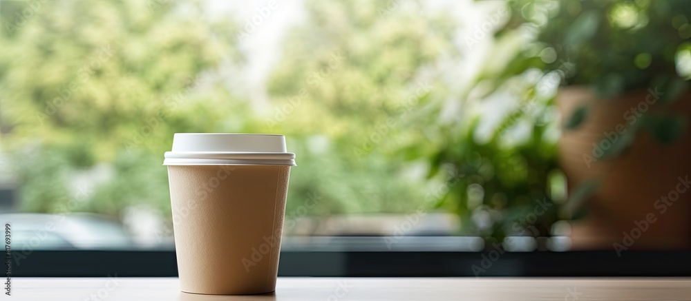 Aufkleber There is a copy space image of a disposable paper cup on a table with a blurry window and greenery in the background