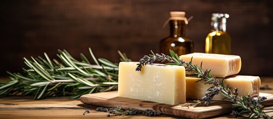 Artisanal natural hygiene products containing rosemary extract showcasing the essence of handmade soaps Copy space image