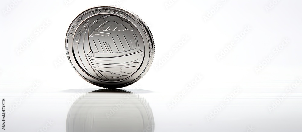 Poster The Litecoin coin is shown on a white background with ample copy space representing the idea of future prospects and investment