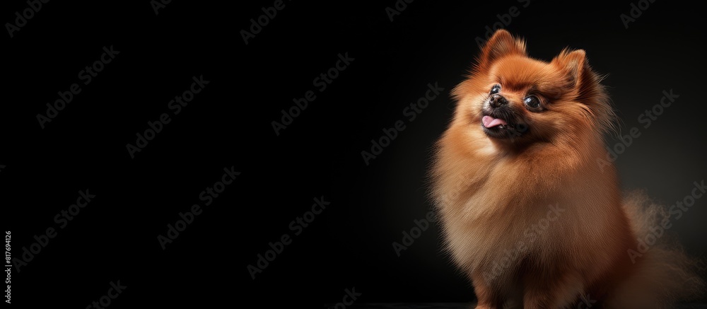 Poster A red pomeranian spitz is standing in a black studio with its gaze directed towards the side creating a copy space image