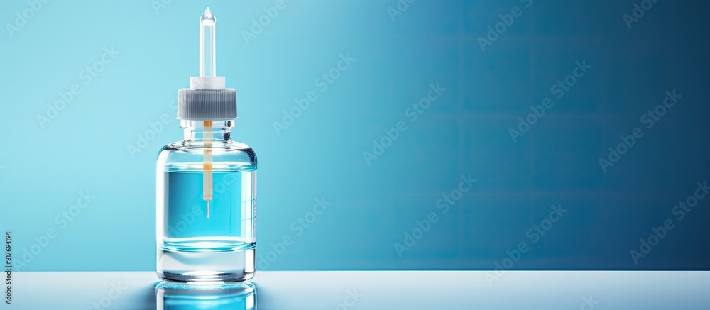Aufkleber A syringe is placed into a vaccine bottle on a blue background creating a copy space image