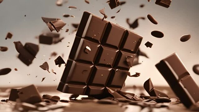Delicious broken chocolate bars flying in the air, slow motion