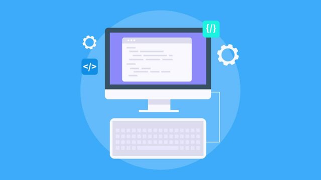 Software application development coding and programming script on interpreter screen, video animation.