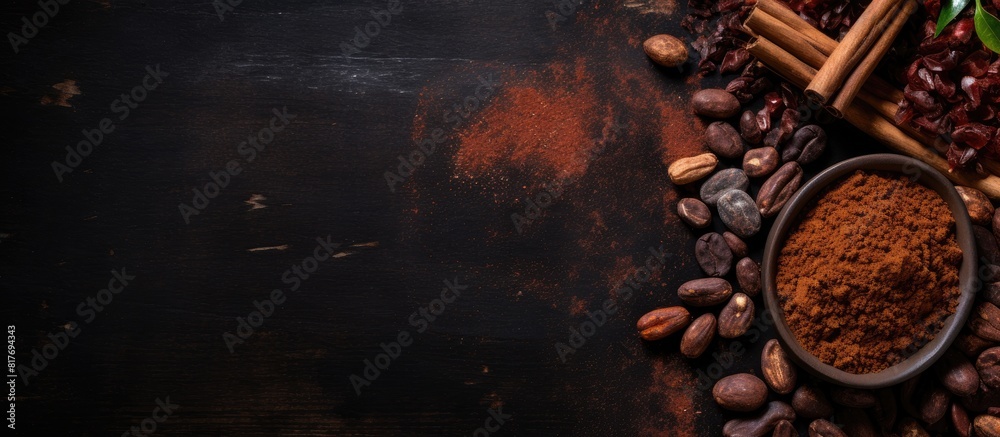 Aufkleber Top view of cacao beans powder cacao butter and a chocolate bar on a dark background creating an image with copy space