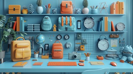 Lesson plan flat design top view learning theme 3D render Complementary Color Schemel,