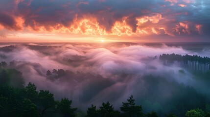 A stunning sunset illuminates foggy forest hills, creating a breathtaking scene with vibrant colors and ethereal mist.
