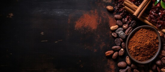 Top view of cacao beans powder cacao butter and a chocolate bar on a dark background creating an image with copy space - Powered by Adobe