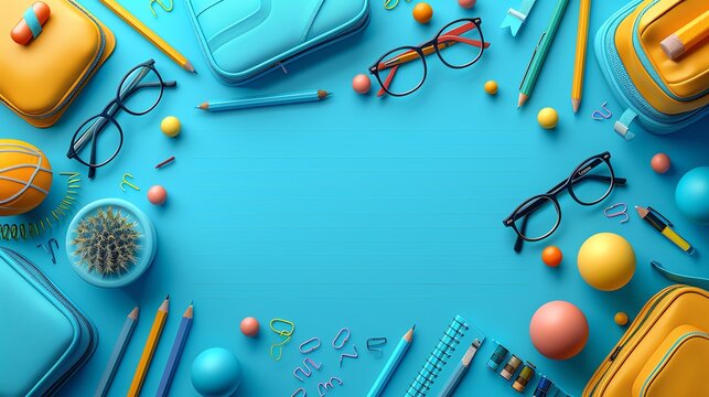 Lesson plan flat design top view learning theme 3D render Complementary Color Schemel,