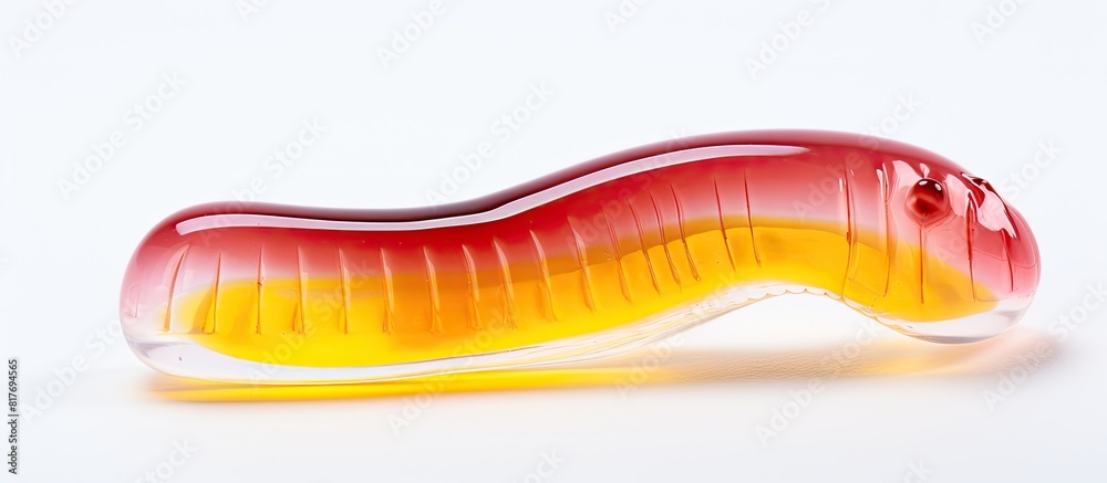 Aufkleber A single worm shaped jelly sour and colored in red and yellow stands alone on a white backdrop creating a copy space image
