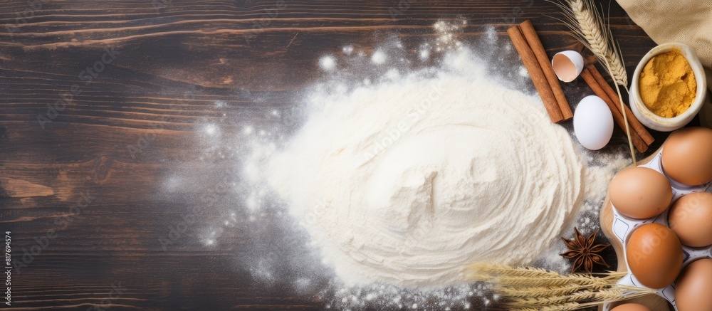 Poster copy space image of top view bakery products including flour eggs and milk