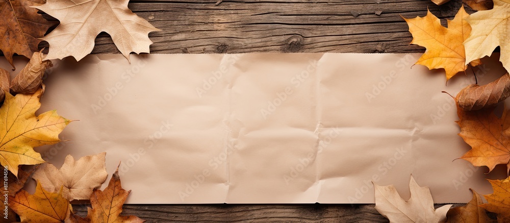 Poster Top view of a sheet of craft paper surrounded by fallen leaves on a wooden background The image offers copy space for text