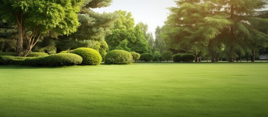 A beautiful garden landscape design featuring a green lawn in the front providing a perfect background for any copy space image