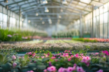 Blurred view inside flower filled greenhouse