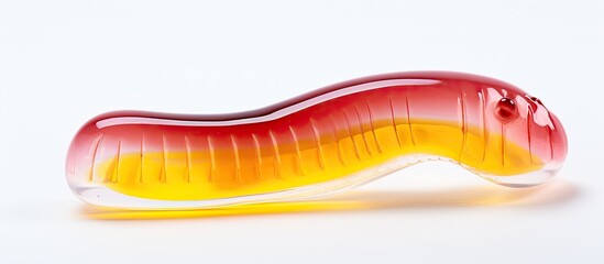 Obraz premium A single worm shaped jelly sour and colored in red and yellow stands alone on a white backdrop creating a copy space image