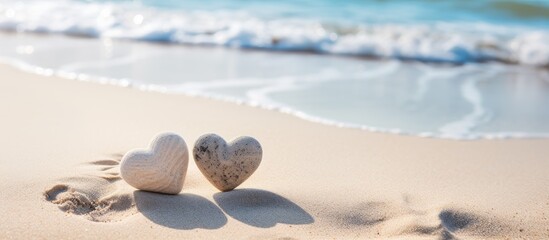 A copy space image of two hearts made of stone resting on the sandy beach