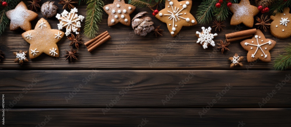 Poster a copy space image of spiced cookies adorned with christmas decorations beautifully arranged on a wo