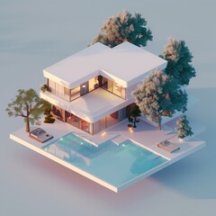 House isometric tree pool 3d render