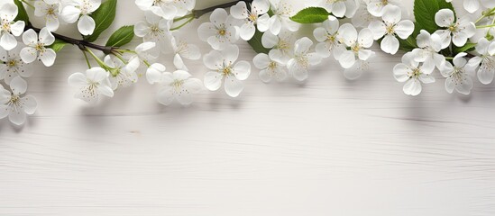 A square photo featuring a circle of white apple flowers on a white wooden backdrop The image provides a copy space for text