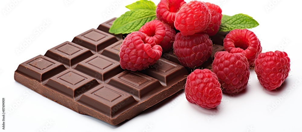 Aufkleber copy space image of dark chocolate with raspberries on a white backdrop