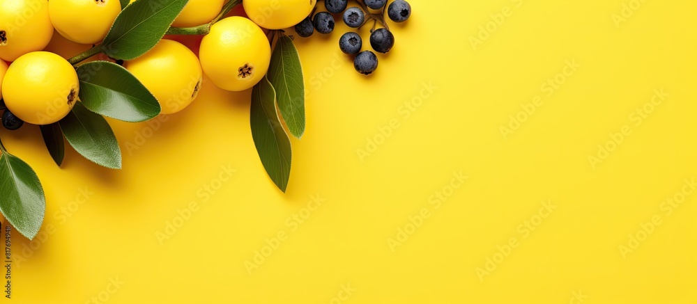 Poster flat lay of ripe blueberries on a vibrant yellow backdrop with copy space image