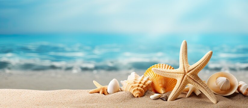 A sea themed copy space image featuring starfish and cockleshells on a vibrant background