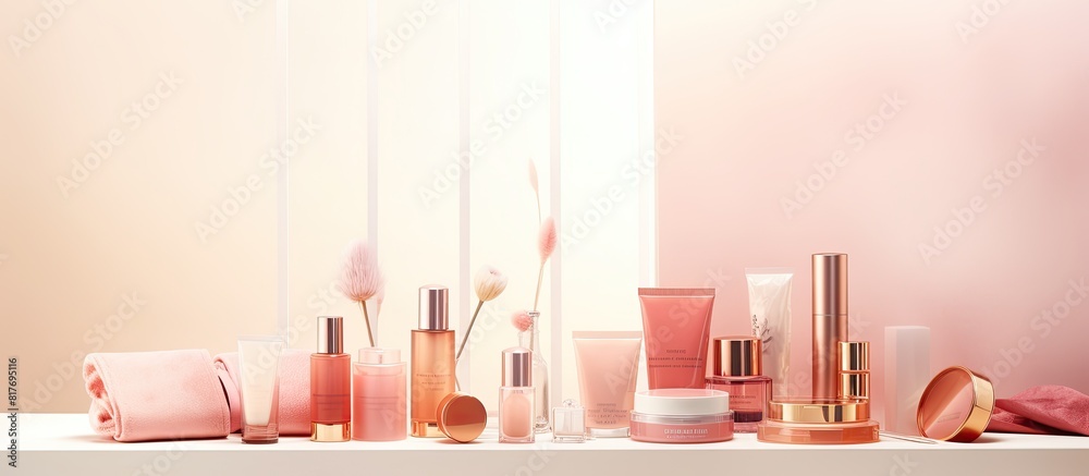 Wall mural copy space image displaying various cosmetic products and accessories for women providing ample room