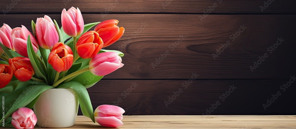 Poster Closeup view of tulip flowers in a vase on a wooden table with copy space for an image