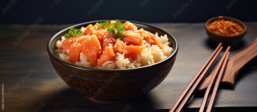 Poster a nutritious bowl of homemade rice topped with fresh salmon creating a copy space image