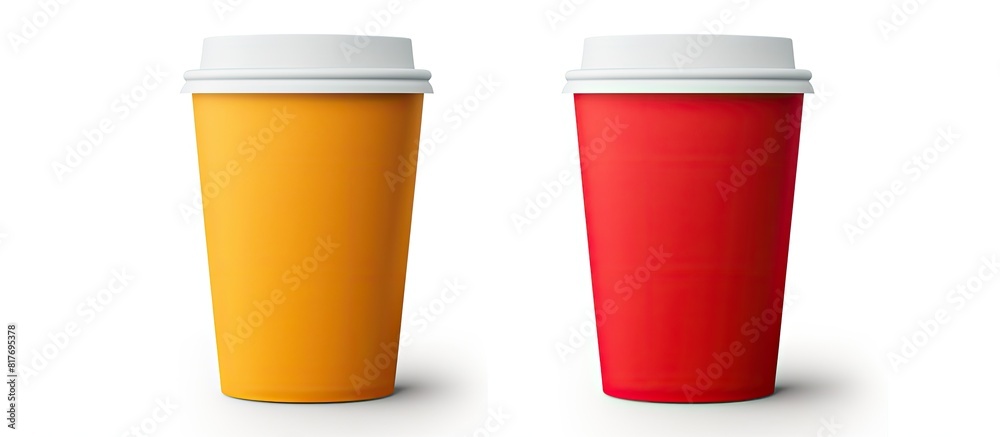 Aufkleber A mockup coffee cup set on a white background with a design concept It offers ample copy space for text and logos Clipping path included