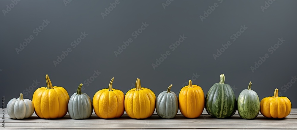Aufkleber a copy space image of small yellow and green pumpkins arranged on a background of gray wooden planks