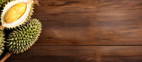 Copy space image of a ripe durian fruit with thorns on a wooden board background perfect for adding text