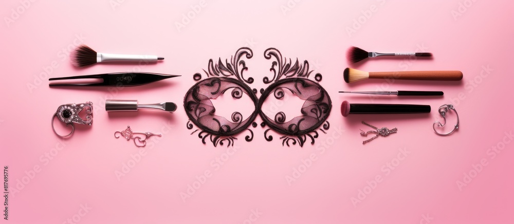 Aufkleber copy space image of eyebrow henna and tools arranged on a pink background creating a flat lay compos