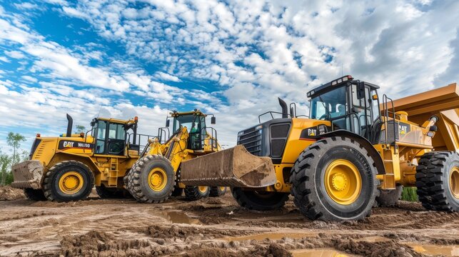 Two large yellow construction loaders carrying soil, with a vibrant blue sky and clouds in the background, showcasing a construction or mining setting
