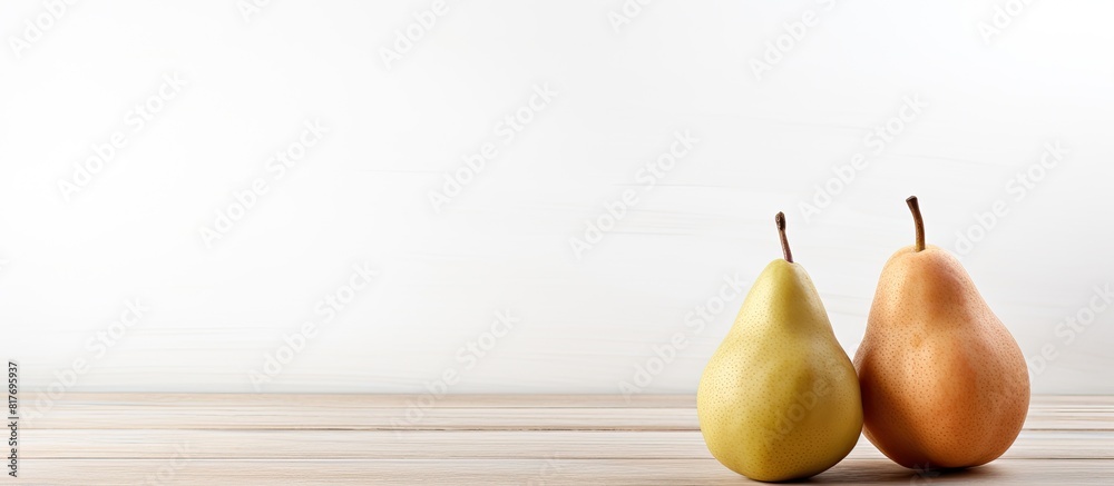 Poster A single pear is displayed on a white wooden table with a background that offers ample copy space for additional elements