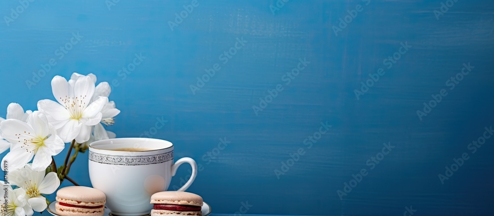 Poster a copy space image of a blue background featuring a large cup of tea adorned with a white flower and