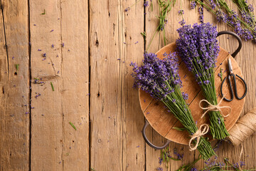 Bunch of lavender flowers on old wooden planks