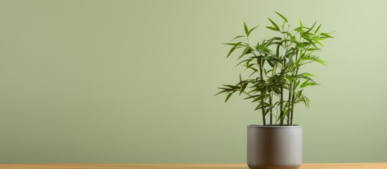 A potted green bamboo on a wooden stand with copy space image available