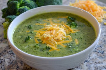 Bowl of broccoli soup topped with cheese
