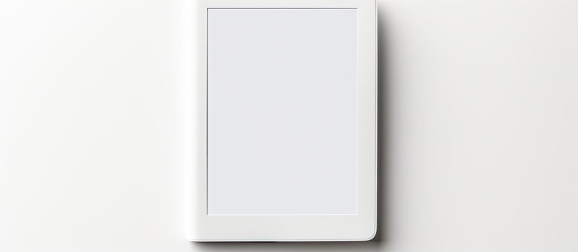 A modern e book reader is placed on a white background creating a flat lay composition with ample room for additional text